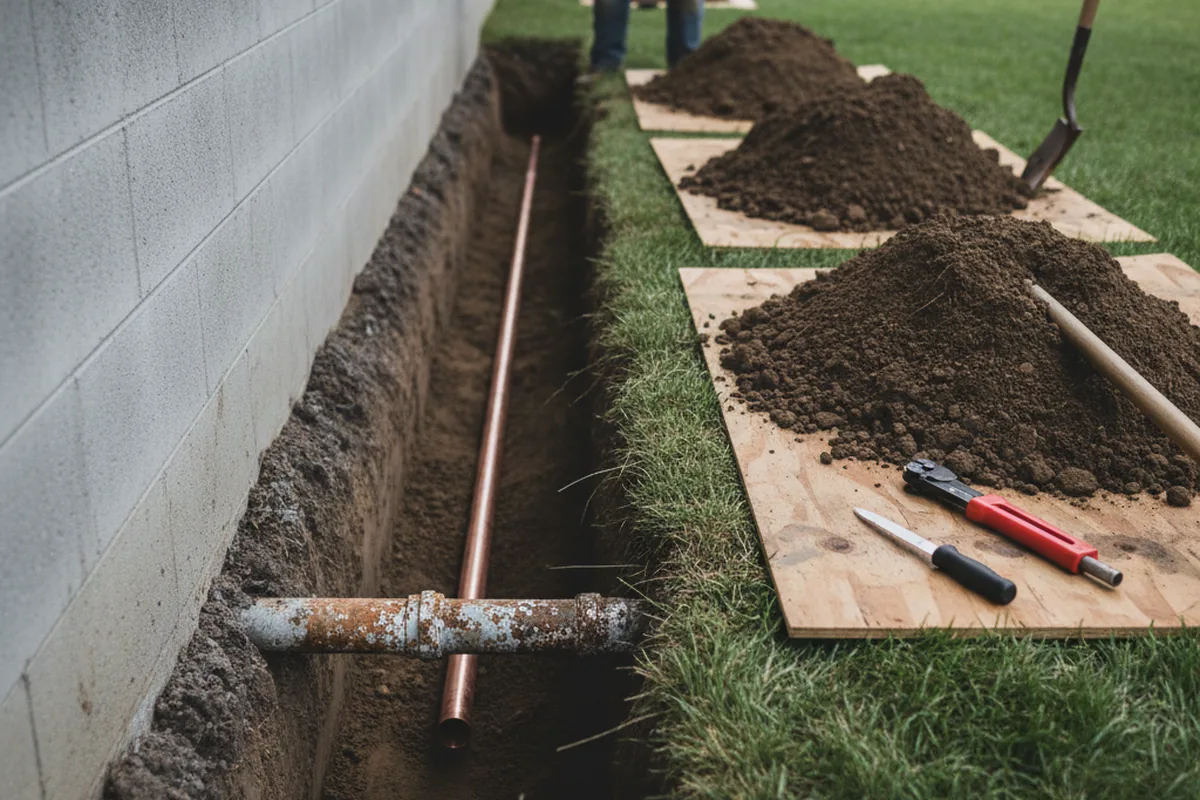 Excavated water line trench during Water Softener Installation in Stockbridge